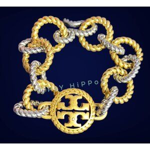 TORY BURCH Gold and Silver Rope Chain Link Bracelet With Toggle Clasp